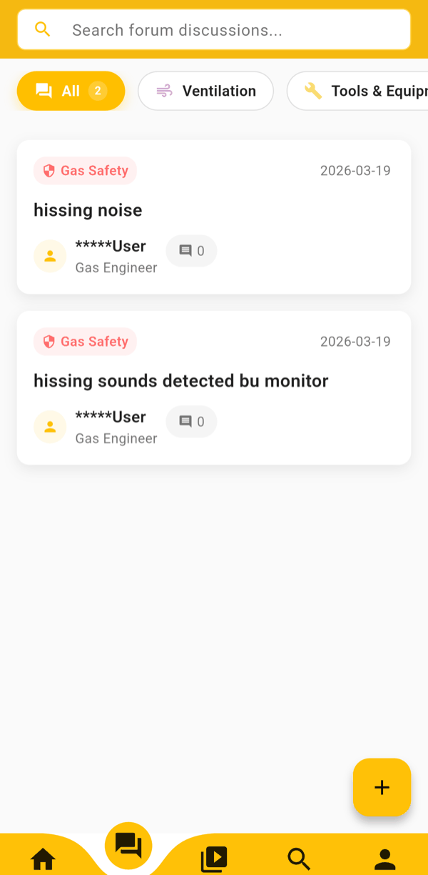 Forum screen with discussion threads filtered by Gas Safety, Ventilation and Tools categories