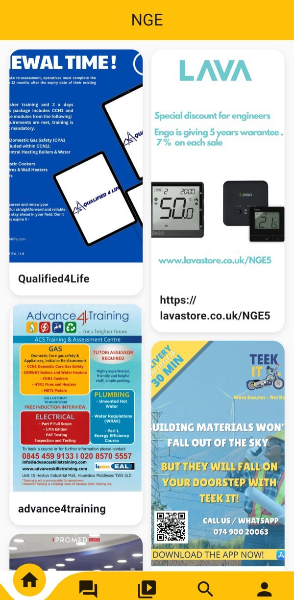 The National Gas Engineers app home screen showing partner offers and training providers