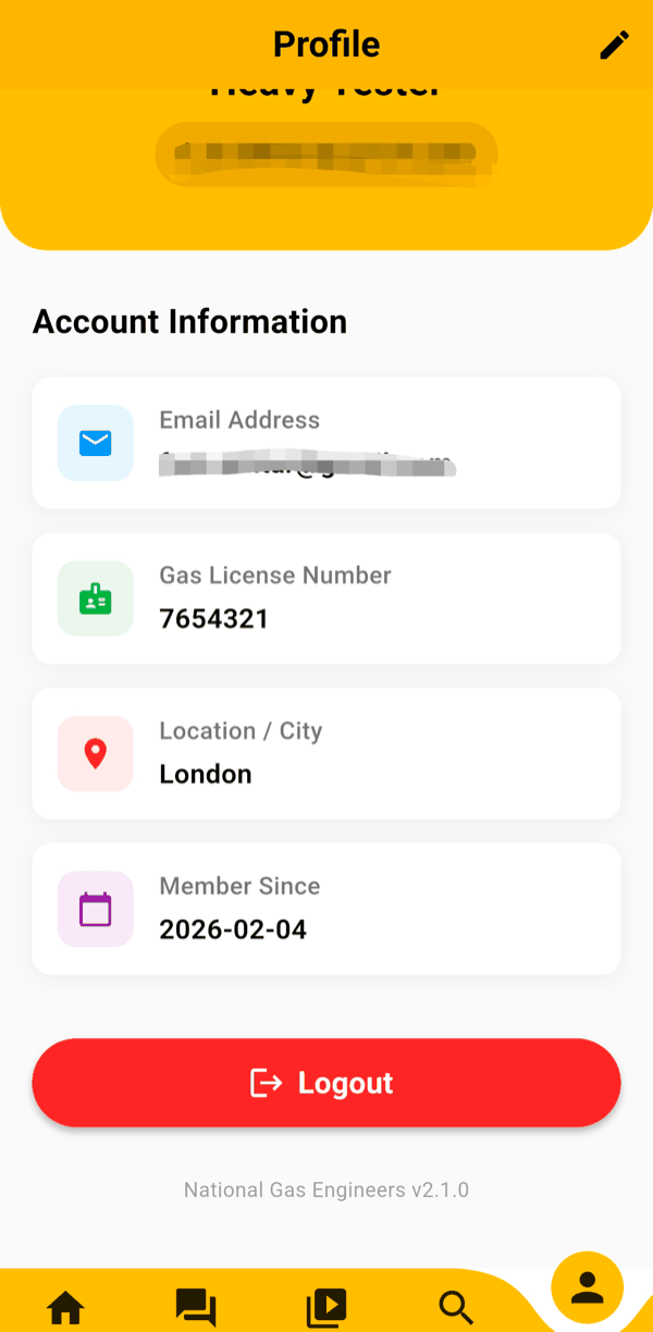 Profile tab showing account information and Gas Safe licence number